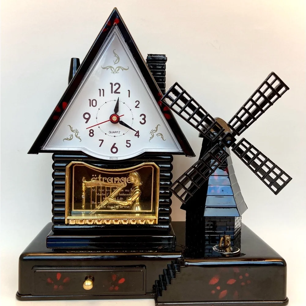 Black and Gold Windmill Music Box Clock - Unique Funky Goth - Picture 1 of 8